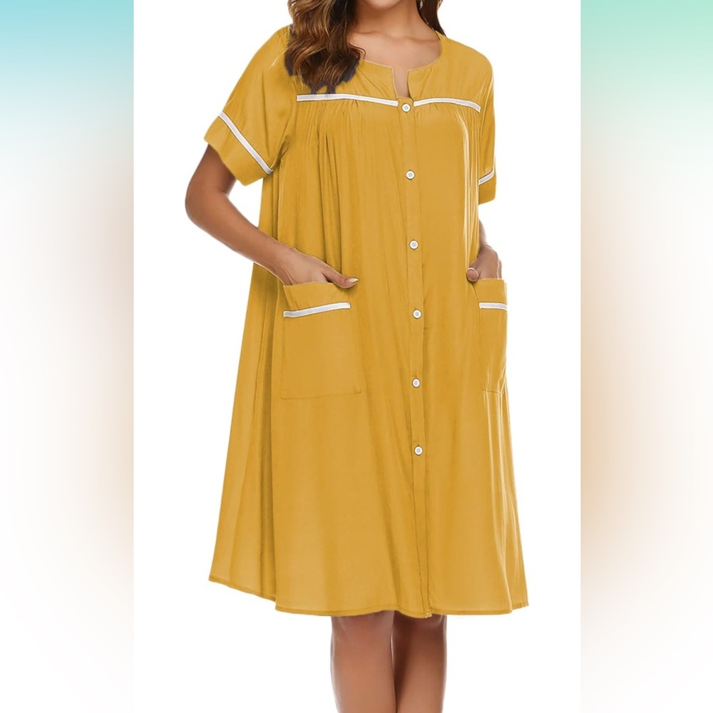 Yellow Button-Up House Dress with White Accents - Picture 10 of 16